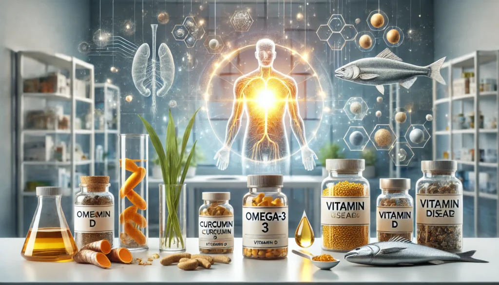 A wide, wellness-themed image showcasing the benefits of Omega-3, Curcumin, and Vitamin D supplements for supporting health in Castleman disease.