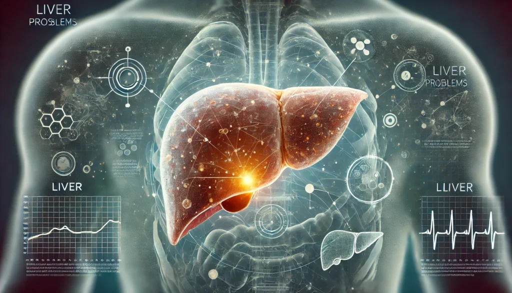 The image features a close-up of a human liver with a transparent view,