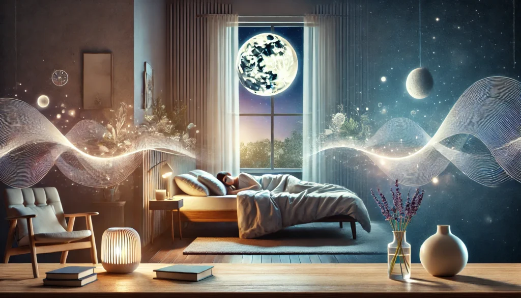 The scene features a serene bedroom with a person peacefully sleeping in a cozy bed