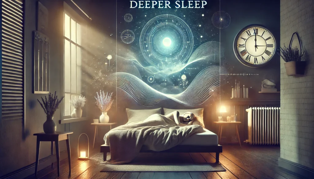 The scene features a serene bedroom with a person sleeping peacefully in a cozy bed