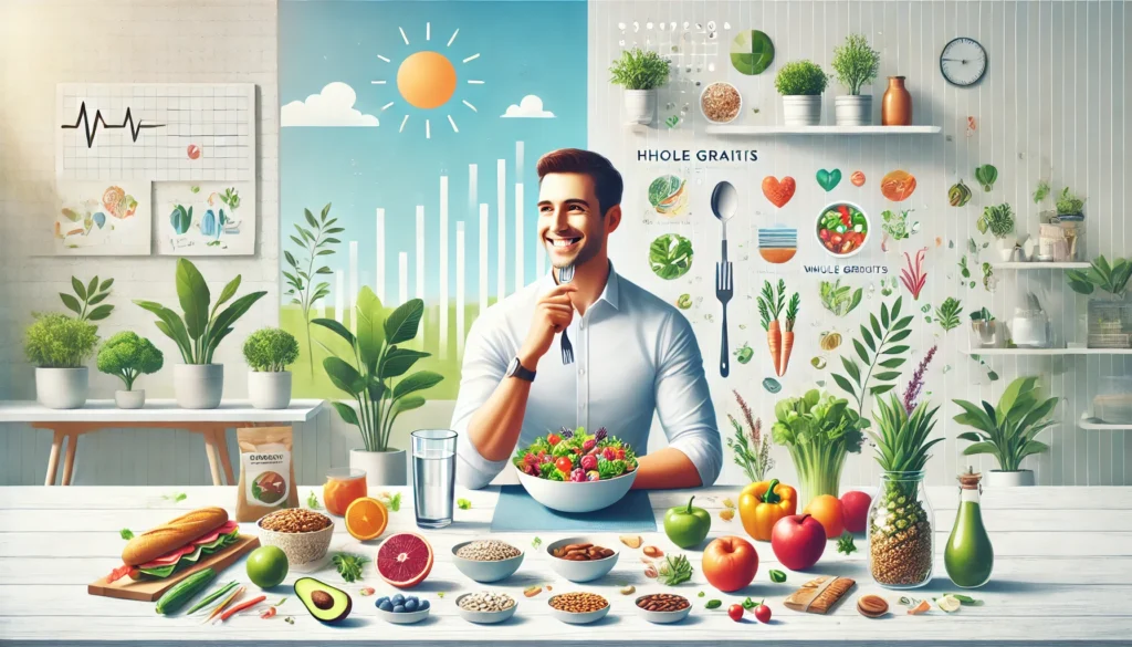 a man eating a balanced diet in a visually appealing and health-focused setting.