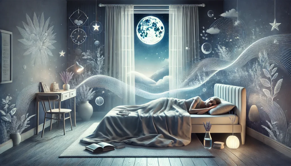 a serene bedroom with a person sleeping peacefully on a bed