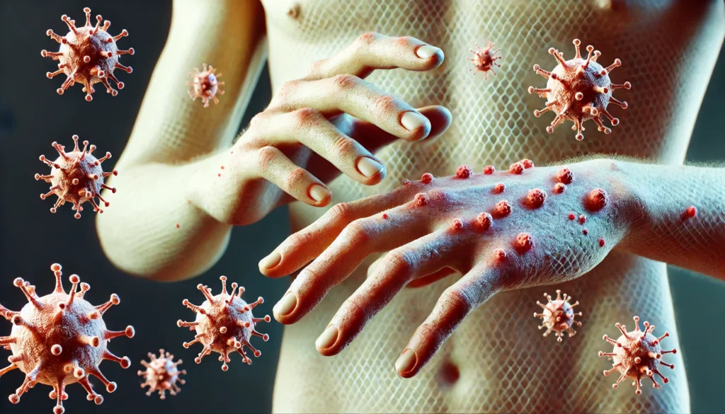 A 3D-rendered medical visualization of monkeypox virus transmission. Human hands are seen touching infected skin with visible lesions, with virus particles subtly depicted in the air and on the surface to highlight contagion.