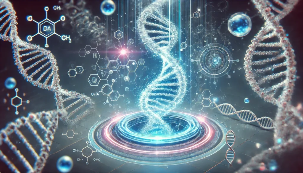 A highly detailed 3D rendering of a modified DNA strand glowing with futuristic energy, floating in a sterile environment, with surrounding holographic molecular structures representing DNA engineering advancements.
