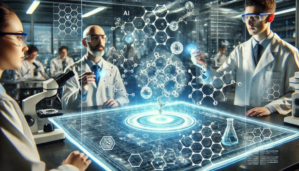 Scientists interact with a holographic digital interface displaying molecular simulations and chemical structures, representing AI-driven advancements in drug discovery.