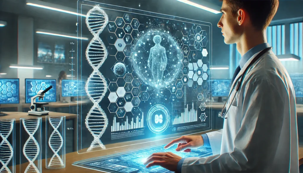 A futuristic medical scientist analyzing genetic mutations on a digital holographic display in an advanced biotech lab. Illuminated DNA sequences and molecular structures float in the air, representing precision medicine and genome editing research.