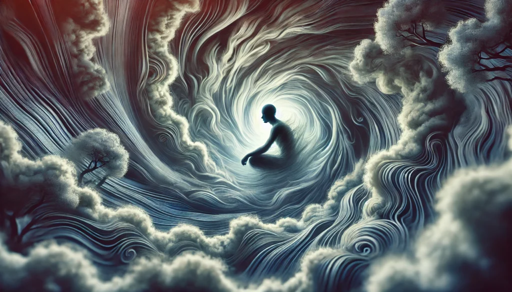 An artistic rendering of trouble breathing, featuring an abstract figure surrounded by swirling air currents. The hazy atmosphere and surreal lighting emphasize difficulty in airflow and respiratory discomfort.