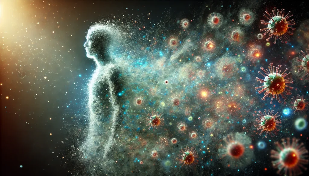 A surreal depiction of infectious disease, featuring an abstract human figure dissolving into a cloud of tiny pathogens. The glowing particles and hazy atmosphere symbolize the rapid spread and impact of infections.