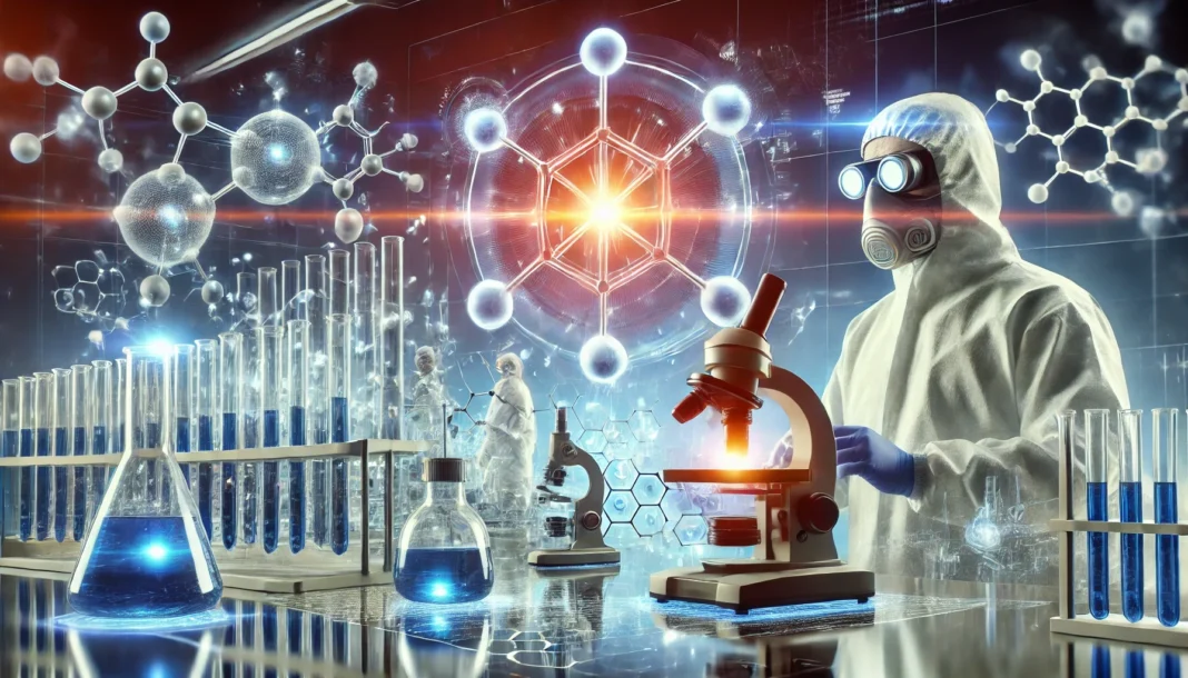 A futuristic laboratory equipped with high-tech analytical instruments, glowing molecular structures representing opioid compounds, and scientists in protective gear conducting advanced pharmacological research.