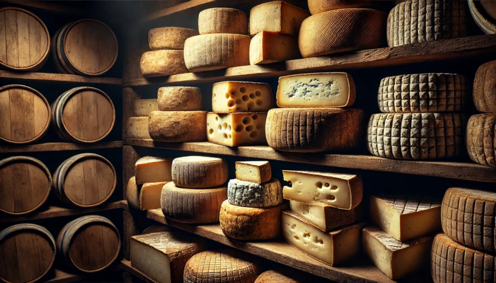 A collection of aged cheeses stored on wooden shelves in a rustic cheese cellar, highlighting their textured rinds and deep, rich colors under dim, atmospheric lighting.