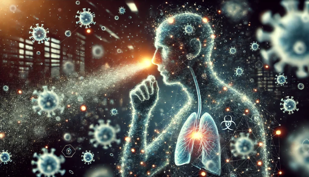 An abstract visualization of illness transmission through respiratory droplets. The image highlights microscopic airborne particles dispersing as a person sneezes, emphasizing the role of airborne transmission in spreading infections.
