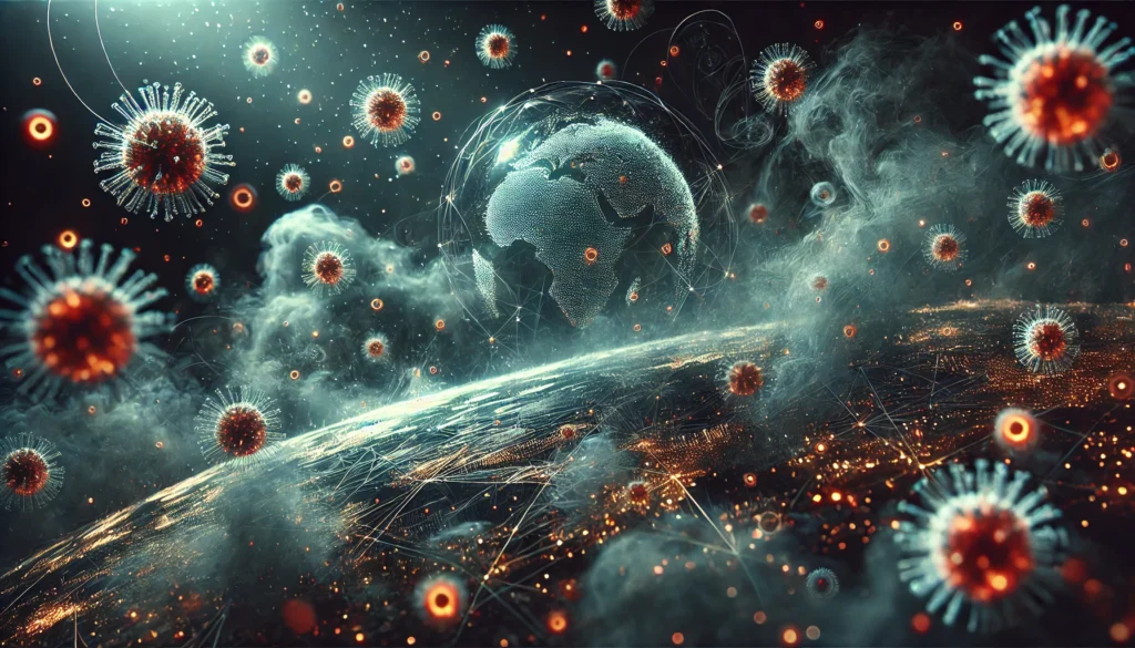 A futuristic representation of a pandemic outbreak, illustrating glowing microscopic viral particles dispersing in misty air, symbolizing the rapid spread of a new virus.
