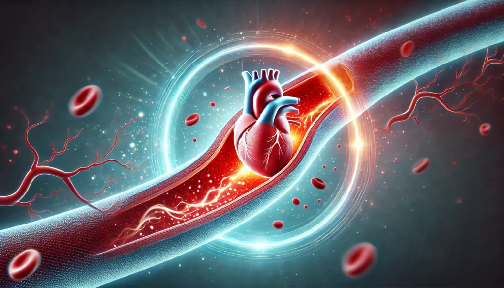 A conceptual image of artery plaque removal, showcasing a smooth blood vessel with healthy circulation. The glowing effect around the artery symbolizes cleansing and optimal heart health.