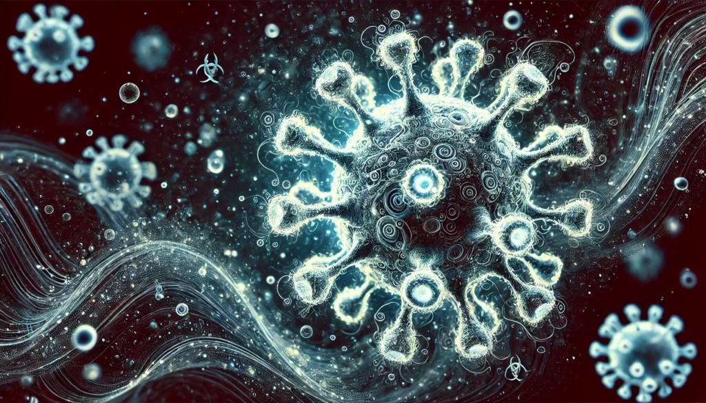 A conceptual digital illustration of viruses and pathogens, showcasing a glowing, highly detailed viral structure. The image highlights the microscopic world of infectious agents in a fluid-like motion.