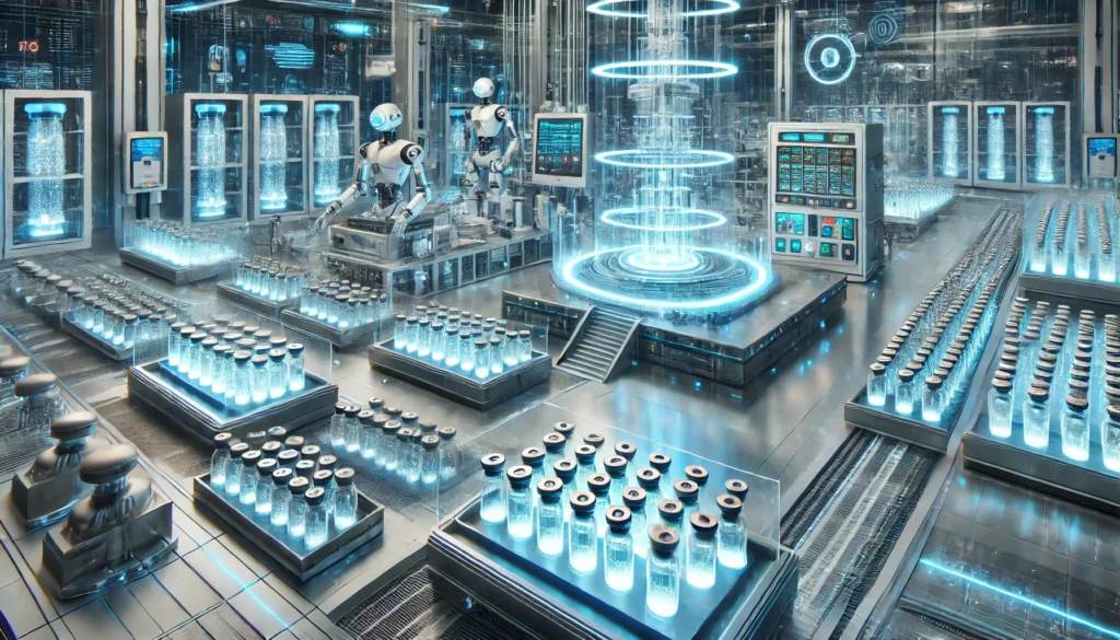 A futuristic biopharmaceutical production facility with automated robotic systems, glowing vials of advanced medications, and a sterile high-tech environment.