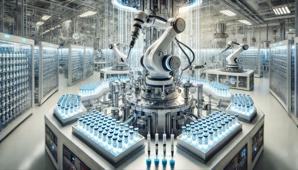 A modern biopharmaceutical facility with robotic arms filling syringes with vaccine doses. The sterile, high-tech environment showcases cutting-edge advancements in large-scale vaccine manufacturing.