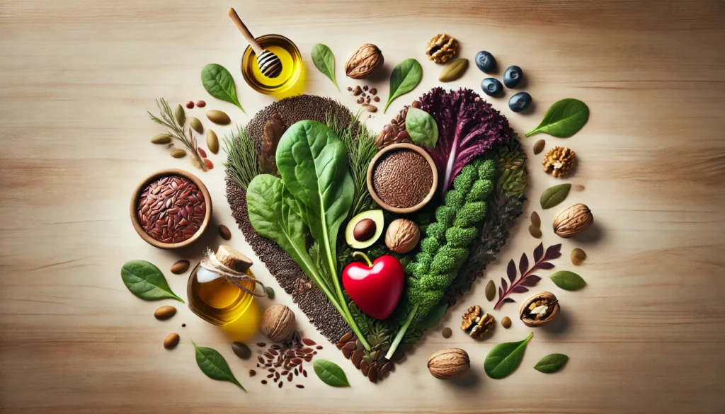 An artistic display of cholesterol-lowering natural supplements, featuring dark leafy greens, flaxseeds, walnuts, and olive oil. The arrangement on a light wooden surface symbolizes cardiovascular wellness and balanced nutrition.