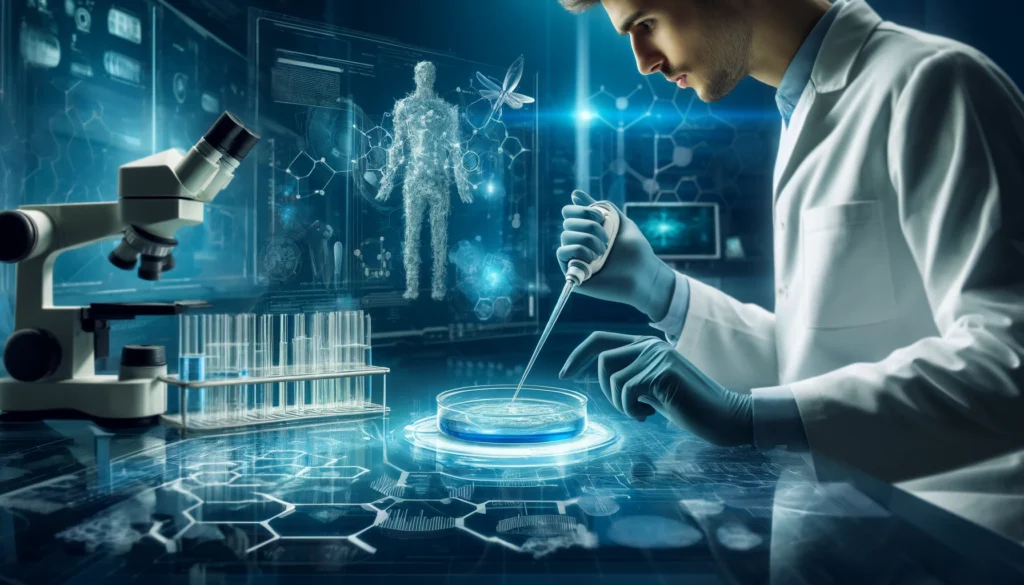 A scientist in a futuristic laboratory carefully pipetting a liquid into a petri dish. Advanced biotech equipment and digital molecular visuals in the background symbolize groundbreaking discoveries in pharmaceutical research.