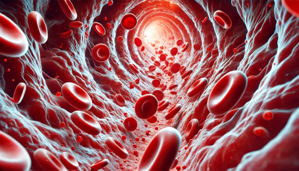 A close-up view of red blood cells moving through a narrowed artery with visible fatty deposits along the walls, highlighting the impact of coronary artery disease on blood circulation.