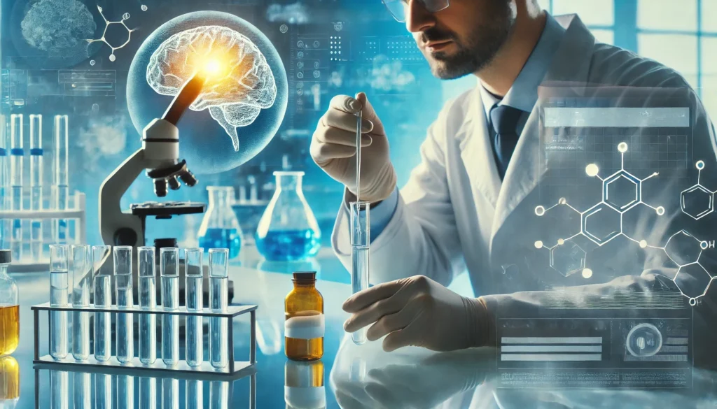 A scientist in a laboratory carefully examining a liquid sample in a test tube, with advanced medical equipment in the background. The scene represents cutting-edge research in developing new depression medications.