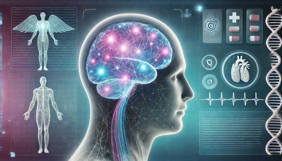 A futuristic representation of a medical breakthrough for schizophrenia treatment, depicting a glowing neural network inside a transparent human head. The neurons emit soft, calming blue and purple hues, symbolizing stability and mental clarity. The background features a high-tech medical environment with a subtle abstract pattern, representing innovation in psychiatric care.