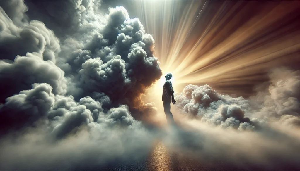 A surreal visualization of trouble breathing, showing a person standing in a thick mist, struggling to inhale. The dense fog represents obstructed airflow and the overwhelming sensation of breathlessness.