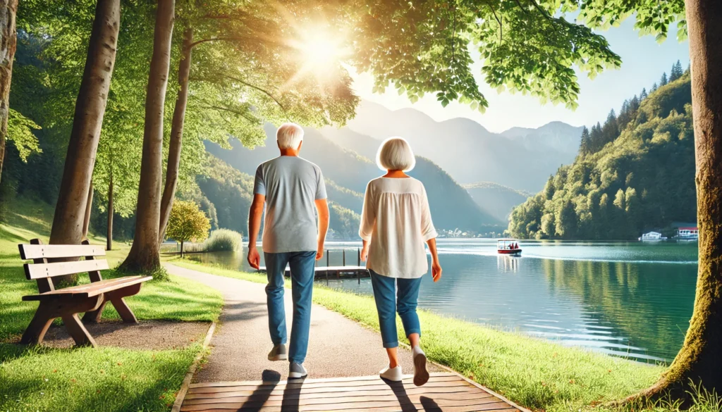 A senior couple brisk walking along a scenic lake path, enjoying the fresh air. The bright and natural setting represents the benefits of regular walking in lowering cholesterol and improving heart health.