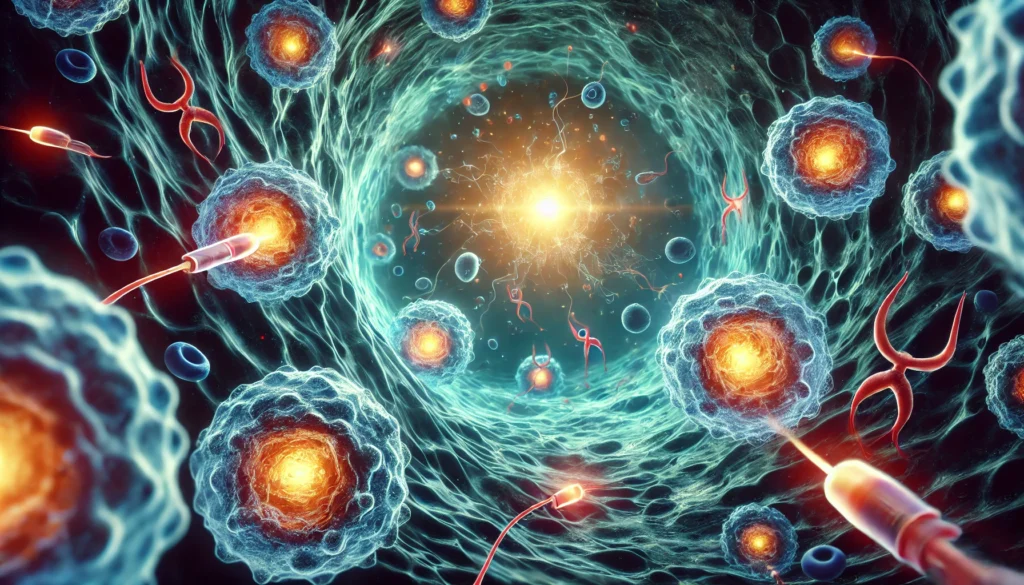 A futuristic visualization of CAR-T cell therapy, depicting genetically engineered T-cells glowing as they seek and destroy cancer cells, representing a breakthrough in immunotherapy.
