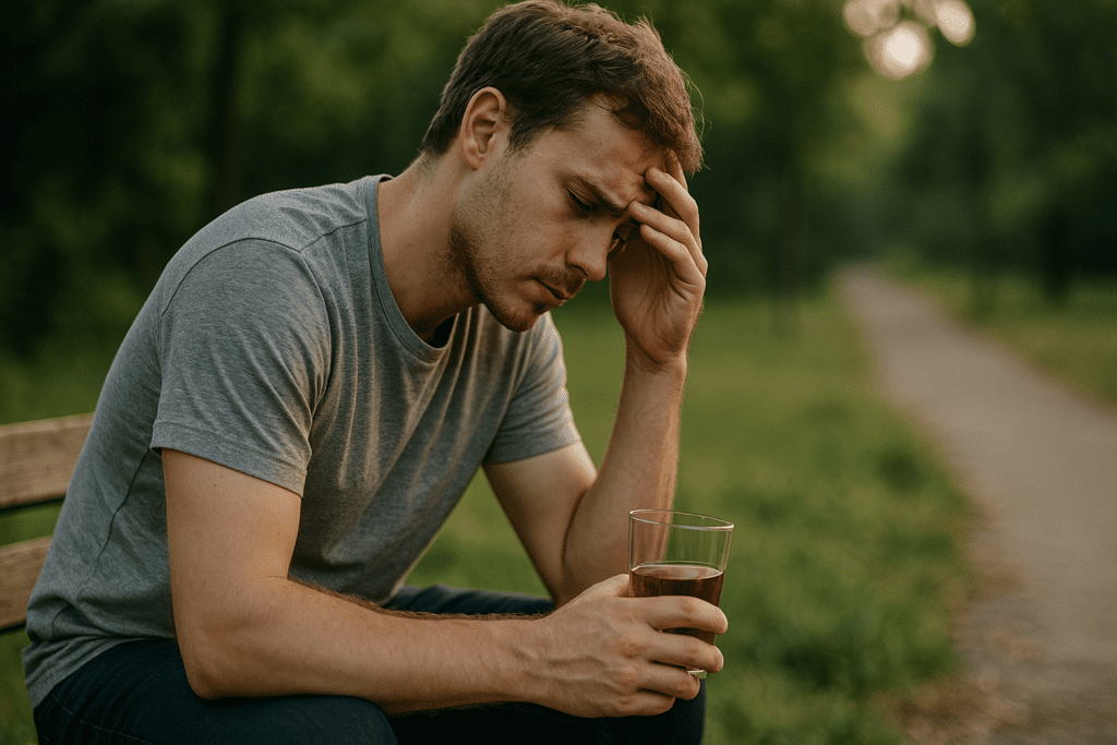 A young Caucasian man sits alone on a weathered wooden bench in a quiet park, holding a glass of alcohol in one hand while resting his head in the other, suggesting contemplation or emotional strain. Bathed in soft natural afternoon light and surrounded by green foliage, the outdoor setting visually reinforces the theme of alcohol’s impact on mental and cardiovascular health.