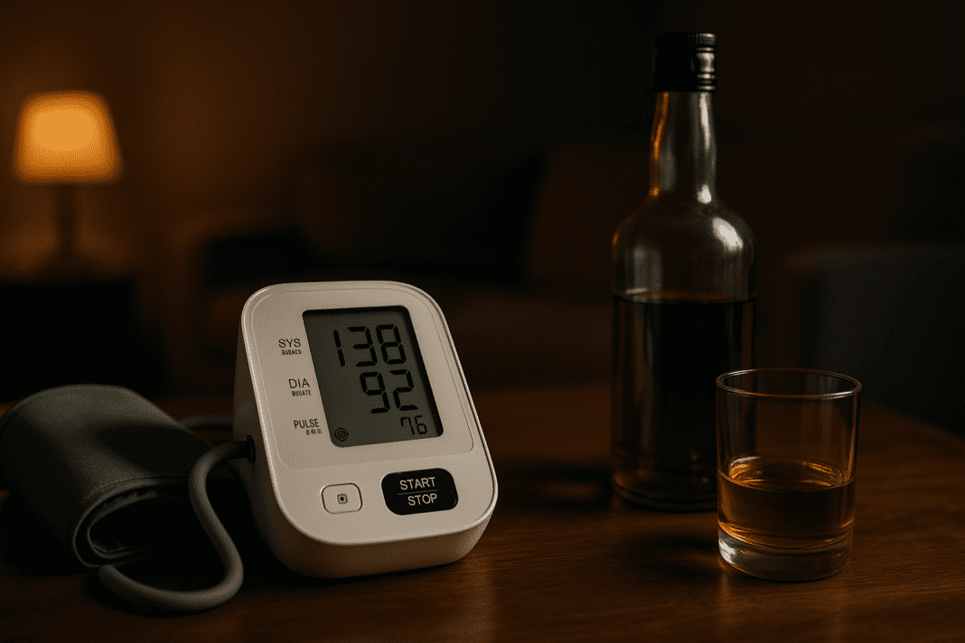 A white digital blood pressure monitor sits on a dark wooden table next to a glass of alcohol and an amber liquor bottle, with the screen showing elevated readings of 138/92 and a pulse of 76. Warm ambient lighting from a nearby lamp and a softly blurred living room background evoke a cozy but concerning atmosphere, visually reinforcing the connection between alcohol consumption and high blood pressure risk.