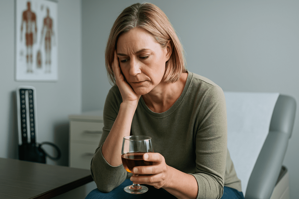 A middle-aged Caucasian woman with short blonde hair sits pensively on the edge of an examination table in a clinical office, holding a glass of amber alcohol in one hand while resting her face in the other. The cool fluorescent lighting and minimal medical decor emphasize a somber, introspective mood, visually underscoring the emotional and health-related consequences of alcohol use on blood pressure and cardiovascular risk.