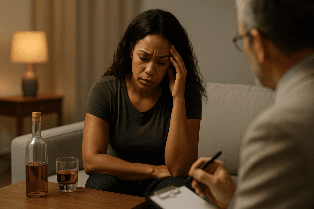 An African American woman in her mid-30s sits in a warmly lit living room during a therapy session, her expression tense and introspective as she rests her head in one hand and looks downward. A bottle of alcohol and a glass sit on the coffee table beside her, subtly reinforcing the emotional and cardiovascular implications of alcohol use, while the blurred presence of a therapist in the background adds context to the theme of mental health and drinking.