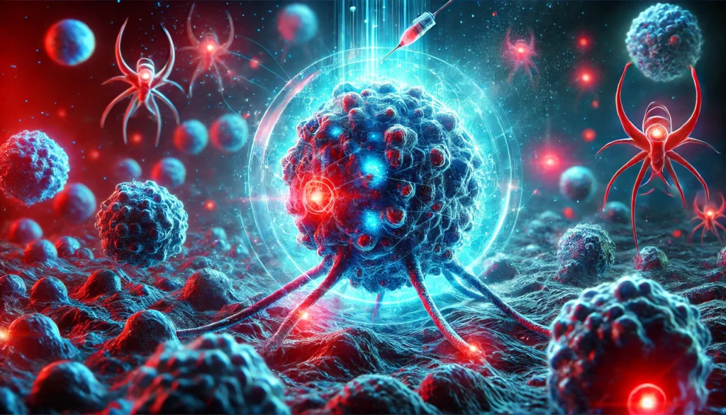 A futuristic representation of cancer immunotherapy, showing glowing immune cells attacking and destroying a tumor. The vibrant blue and red microscopic perspective highlights breakthrough oncology drug innovations.