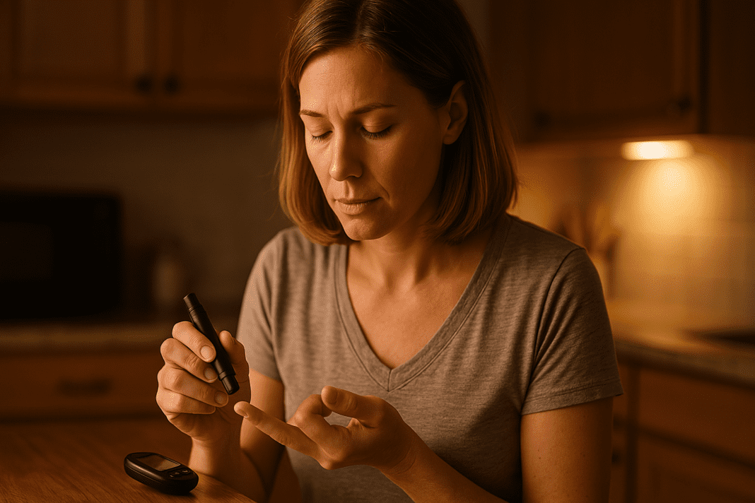 A woman in her mid-30s with light brown hair sits in a warmly lit kitchen checking her blood sugar with a glucometer, highlighting a practical and research-backed approach to diabetes management. The indoor scene, framed by ambient evening light, underscores the comfort and routine of self-monitoring blood glucose at home.