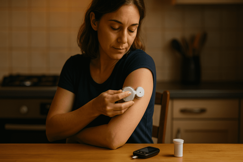 A woman with light skin and brown shoulder-length hair applies a continuous glucose monitor to her upper arm in a warm, softly lit kitchen, showcasing modern diabetes management technology. The surrounding wood and stainless steel elements provide a calm, clinical-meets-home atmosphere that reflects current science-backed approaches to monitoring blood sugar levels.