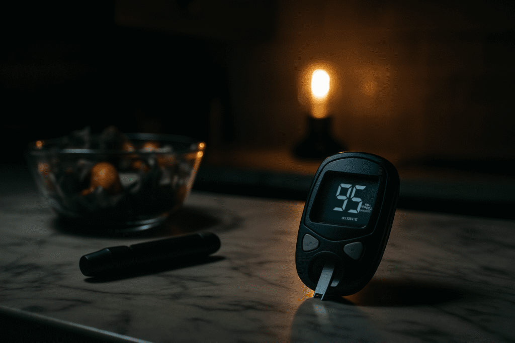 A sleek black glucose meter displaying "95 mg/dL" rests on a marble countertop under moody nighttime lighting, with a fresh salad bowl and soft bulb glow in the blurred background. This symbolic image emphasizes precision and balance in blood sugar control, illustrating science-backed strategies for managing diabetes through lifestyle and technology.