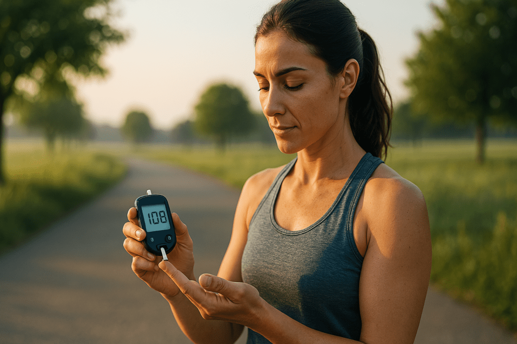 A high-resolution photograph captures a fit woman in her 30s checking her blood sugar while walking along a tree-lined path in the early morning. The soft natural light and surrounding greenery evoke a calm, health-focused atmosphere, supporting the theme of emerging strategies for managing diabetes through lifestyle.