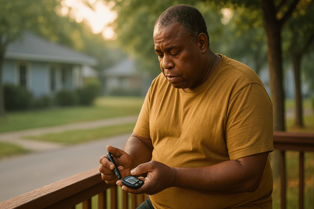 A middle-aged African American man in a mustard t-shirt stands outside a suburban home at dawn, checking his blood glucose with a lancet and meter. The soft natural morning light gently highlights his focused expression, emphasizing the emerging risk of diabetes in high-risk groups through daily monitoring routines.