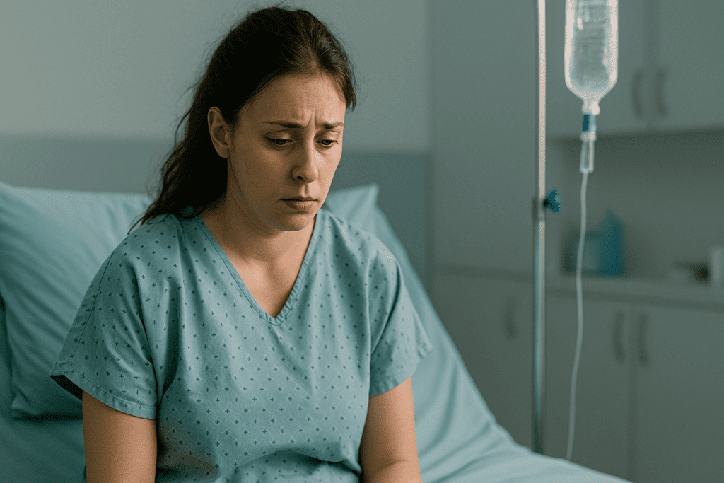 A young Caucasian woman in a teal hospital gown sits alone on a hospital bed under cool clinical lighting, her expression weary and contemplative. The sterile medical environment underscores the importance of early diagnosis and monitoring in emerging diabetes research focused on at-risk populations.