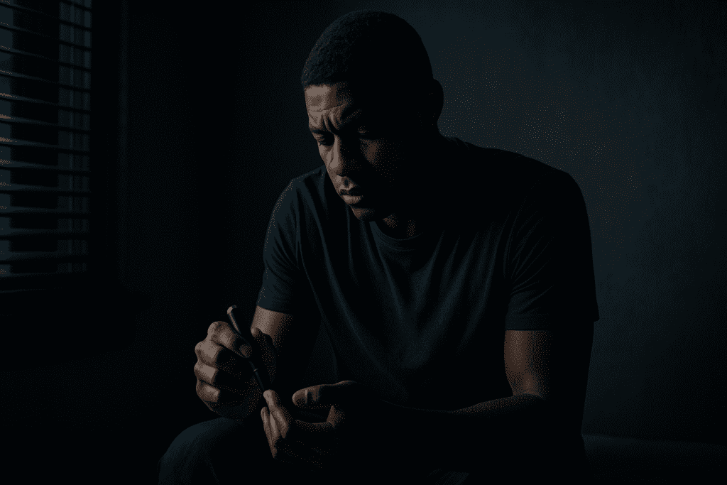 A young African American man sits in a darkened room at night, holding a blood glucose meter with a solemn expression as shadows from window blinds streak across the wall. The moody lighting and solitary setting emphasize the emotional weight and personal vigilance tied to diabetes risk and nightly monitoring routines.