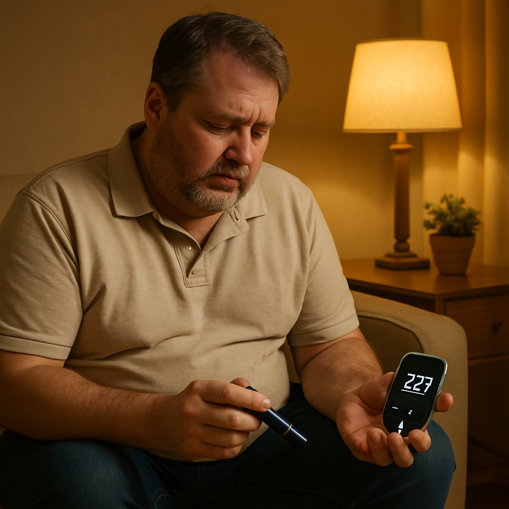 A photograph showcases a slightly overweight Caucasian man in his late 40s sitting in a warmly lit living room, looking worriedly at a high blood sugar reading on his glucose meter. This emotional moment reflects the lifestyle-related risk factors contributing to emerging diabetes concerns in middle-aged populations.
