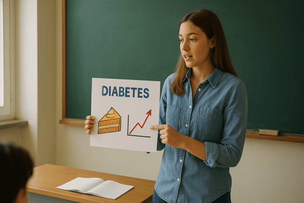 A young woman in a classroom teaches about diabetes using a poster with a cake and glucose chart, illuminated by soft natural morning light from a nearby window. This educational diabetes setting uses a warm, realistic tone ideal for conveying health awareness in schools.