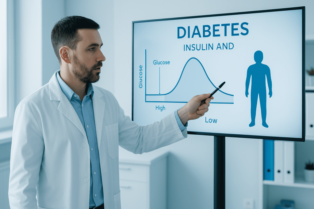 A medical educator in a white coat points to a digital screen displaying a glucose chart in a brightly lit clinical room. The cool clinical lighting highlights the professional setting and reinforces the link between insulin levels and diabetes in a formal medical learning environment.