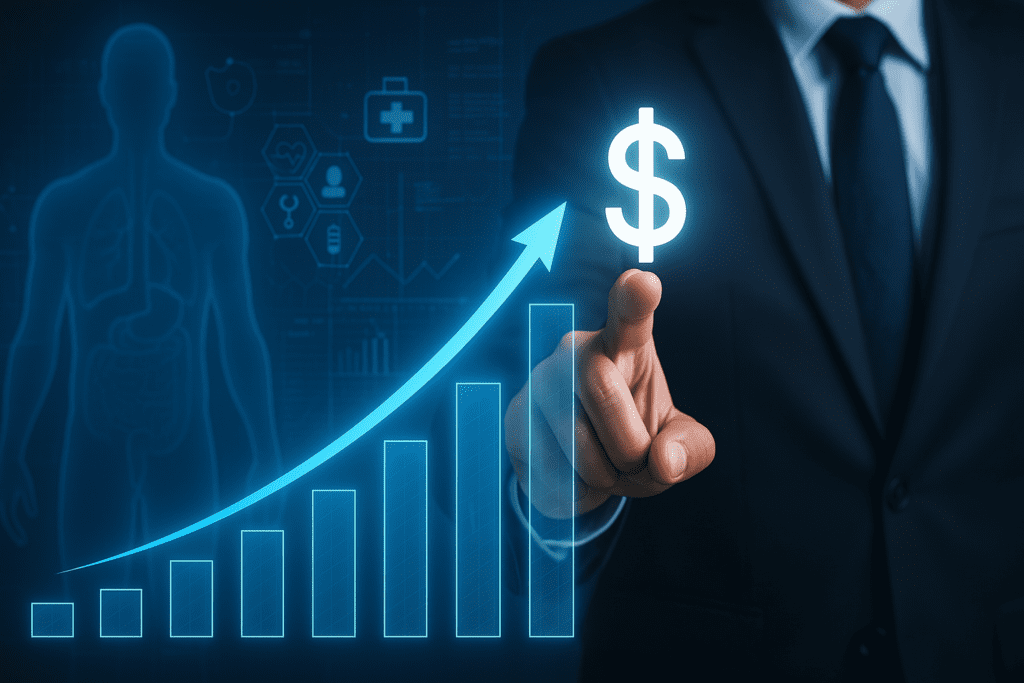 Businessman touching a glowing dollar sign beside rising financial bars and medical icons, representing venture capital's impact on digital healthcare innovation in 2025.