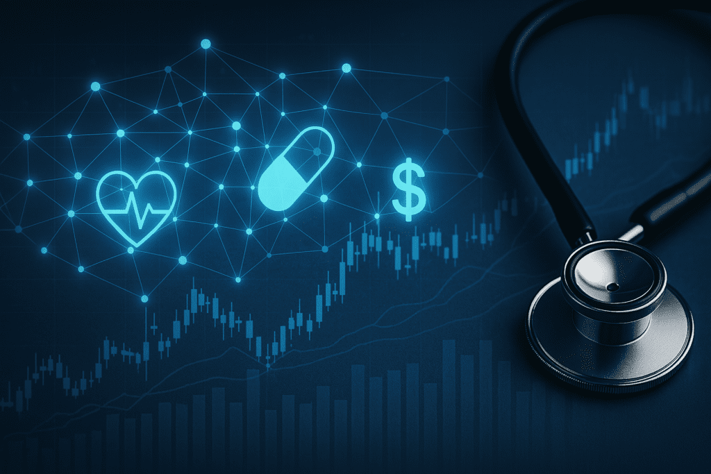 Stethoscope beside a glowing network of health and finance icons, illustrating the fusion of digital health technology and venture capital investment.
