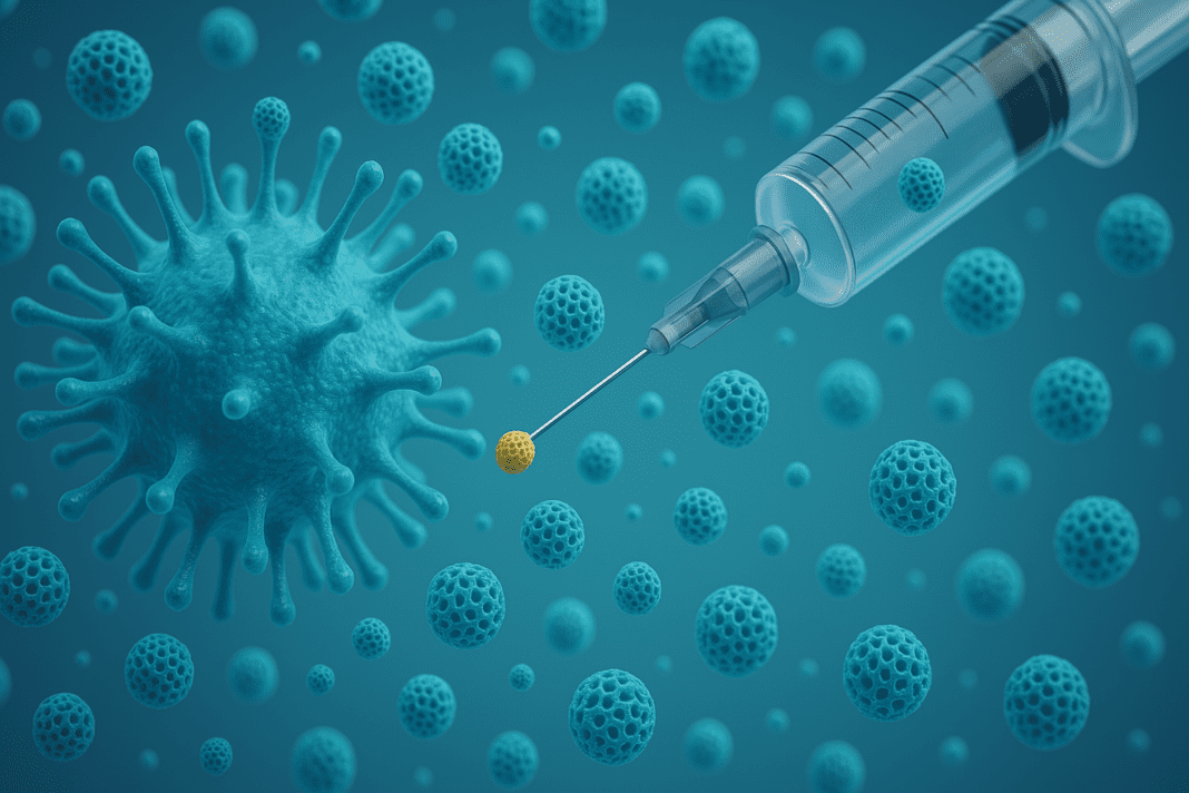 3D-rendered illustration of a medical syringe injecting a golden nanoparticle into a blue virus-like structure, surrounded by numerous porous turquoise nanoparticles, symbolizing nanotechnology in targeted drug delivery and disease treatment