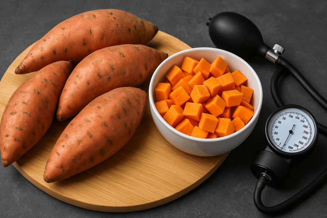 Whole and cubed sweet potatoes next to a blood pressure monitor on a wooden cutting board, representing the link between sweet potatoes and hypertension management.