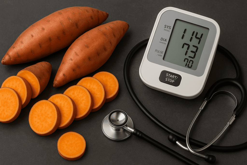 Sliced sweet potatoes with a stethoscope and digital blood pressure monitor, illustrating the connection between heart health and nutrient-rich root vegetables.