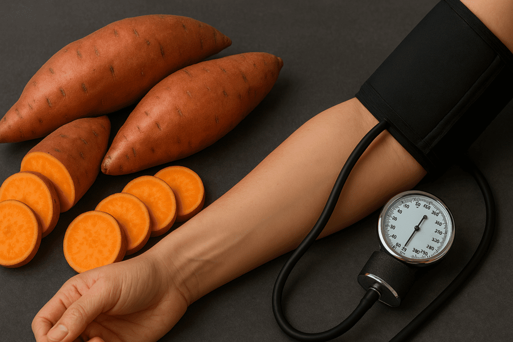 Raw and sliced sweet potatoes next to a person’s arm with a blood pressure cuff, symbolizing the natural dietary approach to managing hypertension.