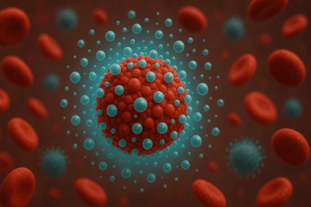 Digital illustration of a large red nanoparticle composed of clustered spheres, surrounded by blue nanostructures and red blood cells, symbolizing advanced nanomedicine dispersal in the circulatory system.